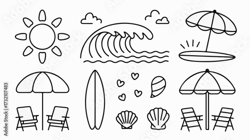 Vibrant summer beach icons capturing sunny days, crashing waves, and relaxing seaside moments