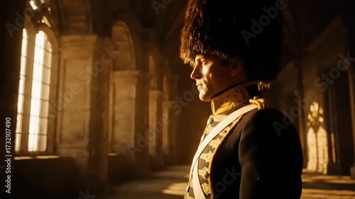 Dramatic portrait of a historical soldier in a Napoleonic-era uniform with a bearskin hat