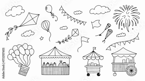 Whimsical festival elements collection featuring kites, balloons, bunting, clouds, fireworks, and charming market stalls for joyful celebrations and events.