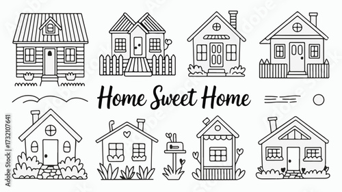 Cozy charming hand drawn houses and "Home Sweet Home" text create a warm, inviting scene perfect for residential design projects