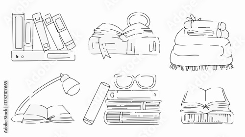 Cozy reading nook essentials, a delightful collection of books, a lamp, and glasses for your next literary adventure