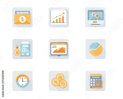 Financial planning analysis and business growth strategy concept with document chart coins clock and calculator icons