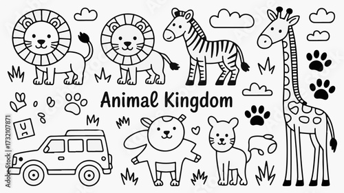 Adventuresome safari journey with cute cartoon animals like lions zebras giraffes and more exploring the wild kingdom.