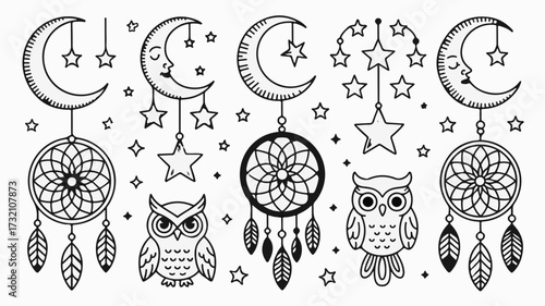 Whimsical dreamcatchers, starry moons, and cute owls create a magical nocturnal scene perfect for children's decor and fantasy themes.