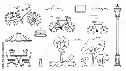 Charming collection of outdoor elements including bicycles, streetlights, trees, and cafe seating, perfect for urban design projects and whimsical illustrations.