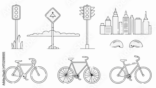 Modern cityscape icons featuring traffic signals bicycles helmets and urban street signs perfect for transport and city planning visuals