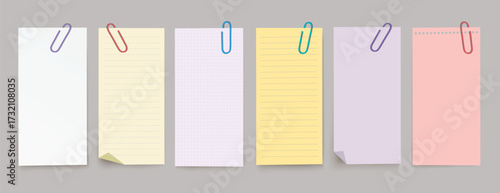 Vector set of vertical different note papers with clips and shadow on transparent background.