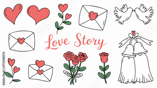 Celebrate romance with charming hand drawn hearts, roses, love letters, and wedding bells perfect for invitations, cards, and decorations