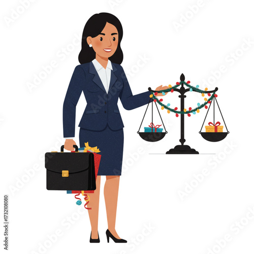 Festive Female Lawyer Balancing Holiday Gifts on Justice Scales - Christmas Legal Professional Illustration Vector