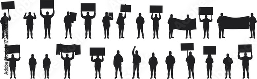 Silhouette protest crowd holding banners, people demonstration signs, activist group vector illustration, 
