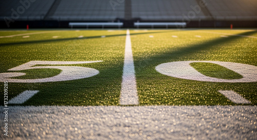Close-Up of Football Field 50-Yard Line, Green Turf, Sunlight, Perspective.