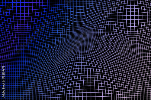 abstract 3d warped grid background with glowing blue lines on black digital surface