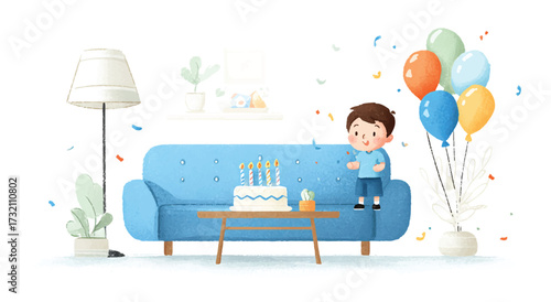 Happy Birthday Celebration with a Cute Boy Cake Balloons and Confetti in Watercolor Illustration Style for Children