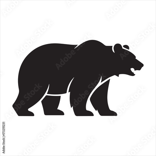 Black silhouette of a bear walking side view with white background animal