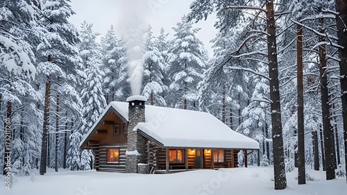 Cozy log cabin in a winter wonderland forest with snow covered trees and smoke