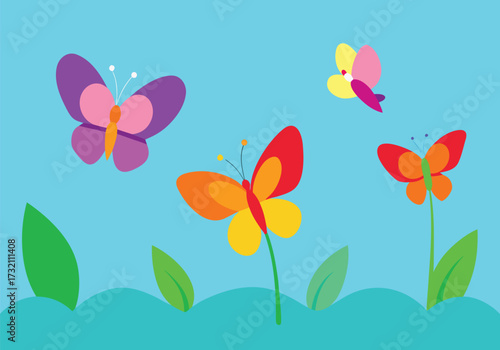 Vibrant butterflies fluttering over a spring meadow landscape