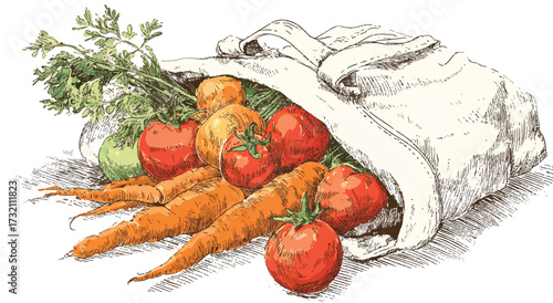 Illustration of a reusable shopping bag overflowing with fresh produce vegetables and healthy food choices