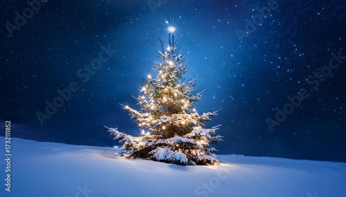 A Snowy Christmas Tree Adorned With Glowing Lights And Ornaments Stands Against A Dark Starry Background Creating A Festive And Serene Winter Scene