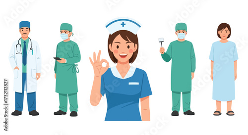 Vector illustration of a medical team with a doctor nurse surgeons and a patient.