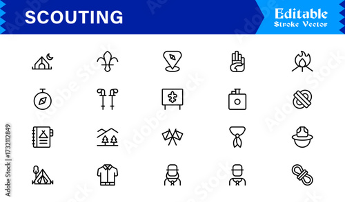 Professional Scouting Line Icon Set Featuring Modern, Minimal, Unique Designs for Outdoor Exploration, Adventure, Tracking, and Navigation