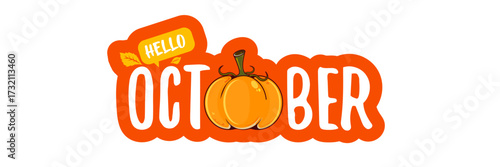 Hello October text with pumpkin isolated on transparent background. Hello October orange sticker png, label png, banner, poster design template. Cartoon illustration