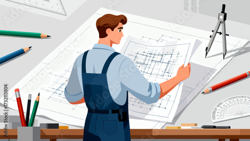The engineer is looking at the design drawings, cartoon hand-drawn vector illustrations