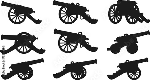 Vintage cannon silhouette illustration, old artillery vector, antique war weapon graphic, historical firearm design, military history symbol, battle defense artwork