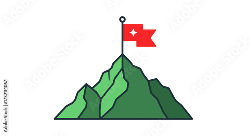 Illustrated mountain peak crowned with a red flag symbolizing achievement of goals