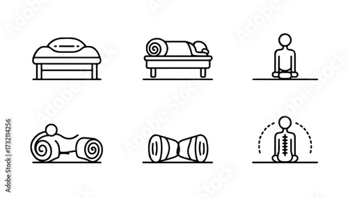 Outline icons representing massage therapy yoga and wellness for health and well being purposes