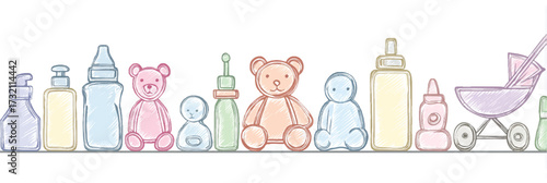 Pastel colored baby items line drawing with scribble texture and soft colors on white background