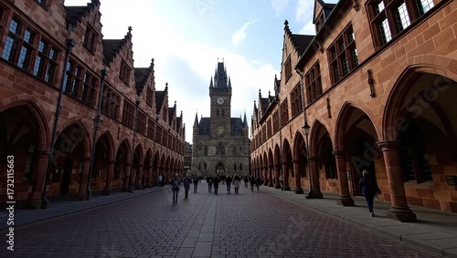 Cobblestone Street Leading to Gothic Clock Tower in Speyer, Germ