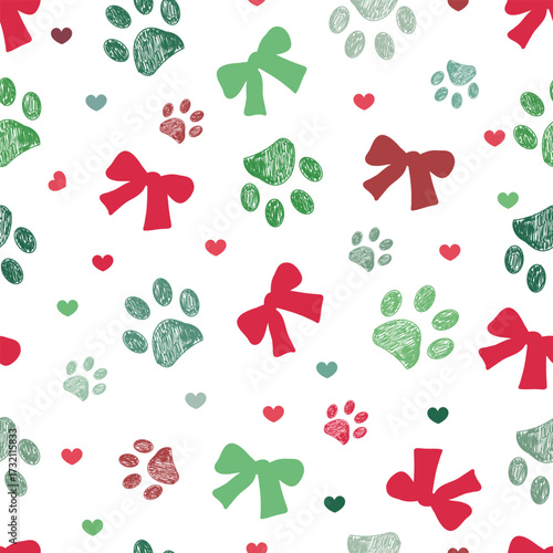 Bow ties, hearts and cute paw prints Christmas design seamless fabric pattern