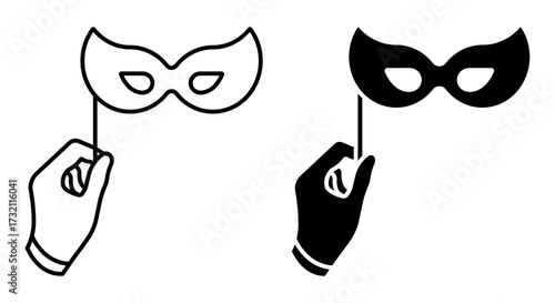 Linear icon. Hand of an Italian artist holds a Venetian mask that hides his face. Simple black and white vector isolated on white background