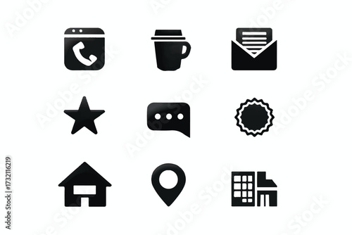Set of nine modern sleek black icons for website and mobile application design development