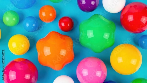 Colorful Gumballs and Shapes on a Blue Background, Overhead Shot