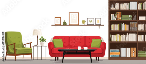 Stylish living room interior with red couch green armchair and large bookshelf providing cozy ambiance