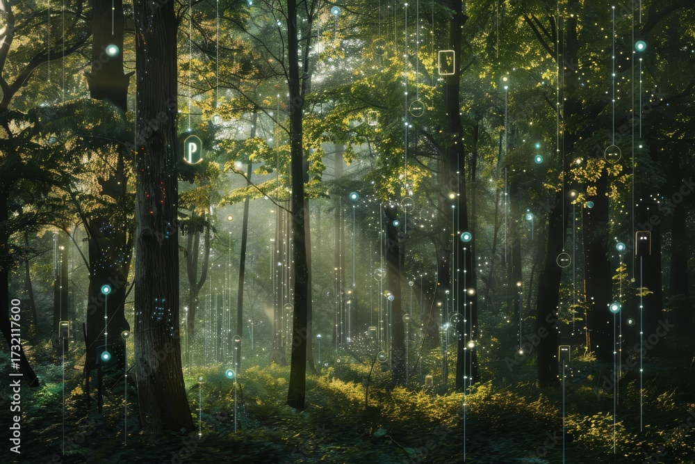 Fototapeta premium Digital data streams intertwining with sunlit forest