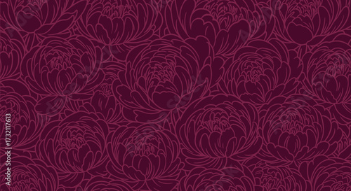 Seamless floral pattern of stylized magenta peonies with detailed, flowing lines