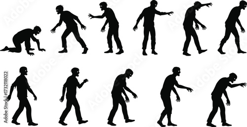 Zombie silhouettes in multiple walking crawling poses, scary undead creatures illustration, spooky horror Halloween artwork, creepy monster figures, frightening night shadows design