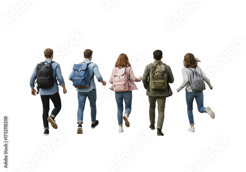 Group of Young Adults with Backpacks Walking Away on White Background