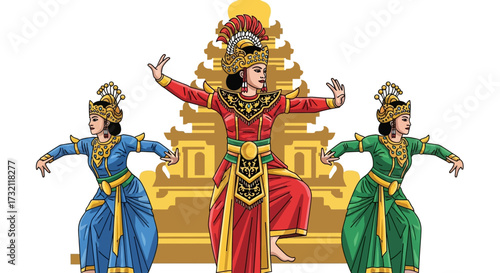 Three Balinese dancers in traditional costumes, performing in front of a golden structure.