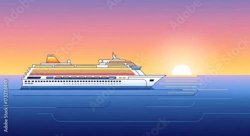 A pixelated cruise ship sails across the ocean during a beautiful sunset.