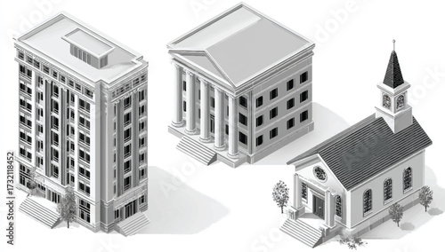 Stylized isometric illustration of city buildings including office bank and church showcasing architectural variety and urban planning concept