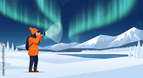 Person photographing the aurora borealis over a snowy landscape with mountains and trees.