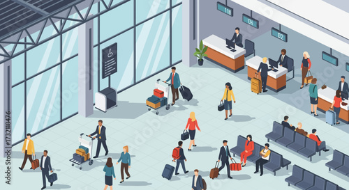 Isometric illustration of a busy airport terminal with passengers checking in, walking with luggage, and waiting for flights.