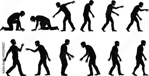 Zombie silhouettes in various walking and crawling poses, scary undead creatures illustration, spooky horror Halloween design, creepy monster artwork, frightening night figures