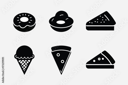 Various dessert icons featuring donuts ice cream and pizza slice arranged on light background