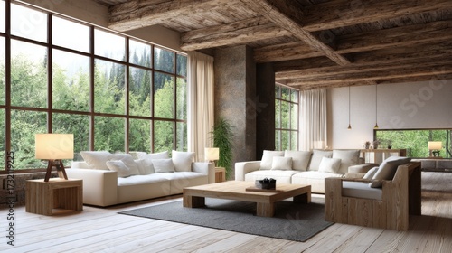 chalet style rustic minimalist living room, large windows, wooden beams, simple furniture, warm lighting