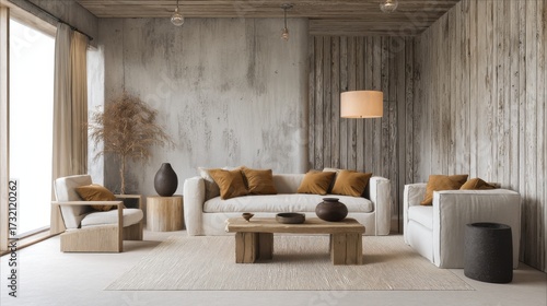 rustic minimalist living room, wood textures, ochre pillows, neutral palette, warm lighting, simple decor