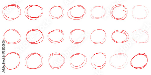 Outline red drawing line clipart symbol. Set of round grunge circles shapes on a white background. Grunge round shapes. Grunge banner and paint brush stamps, paint brush stock set, outline paint 